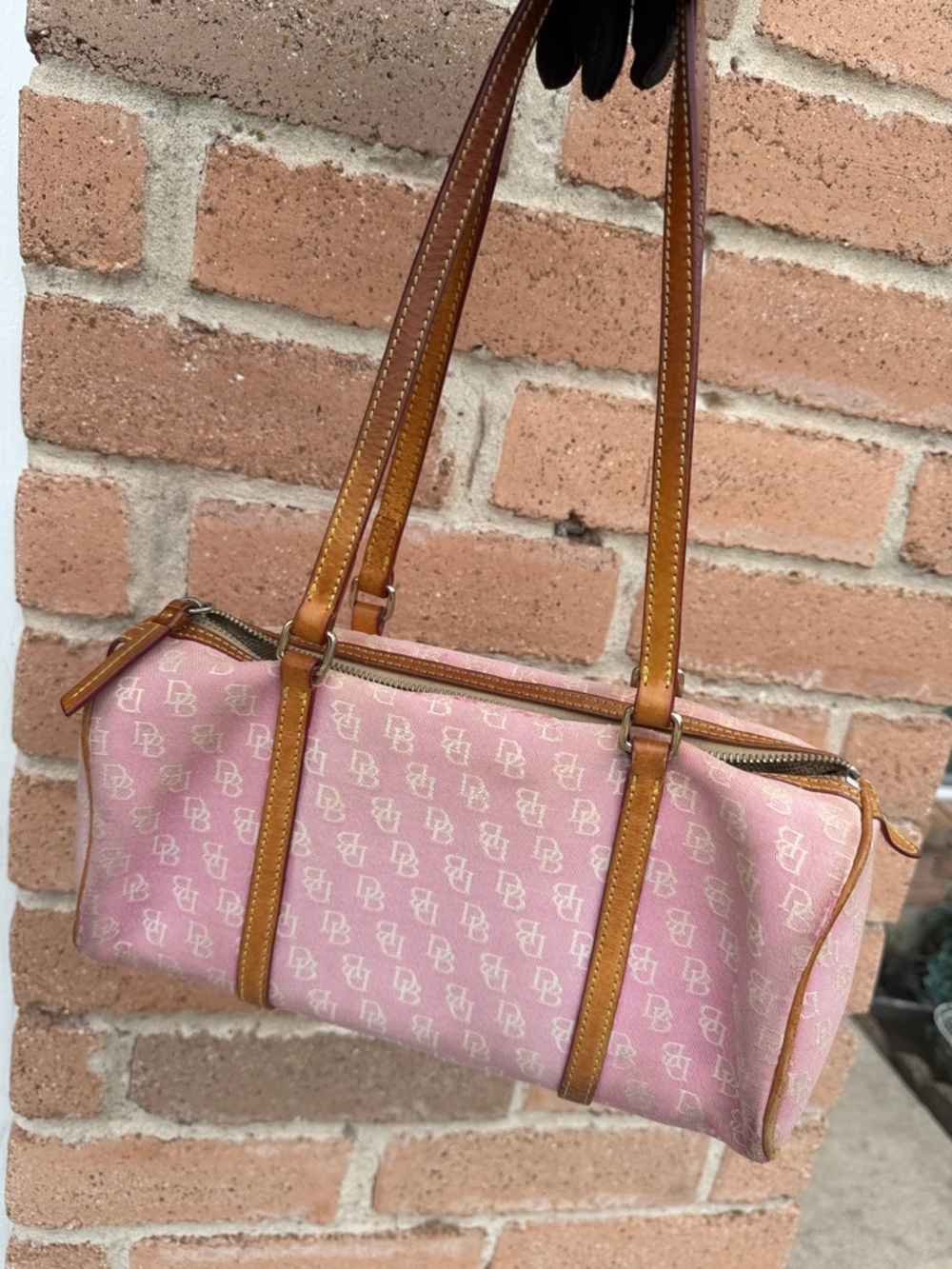 Dooney & bourke Pink Monogram Canvas Shoulder Bag with Tan Trim